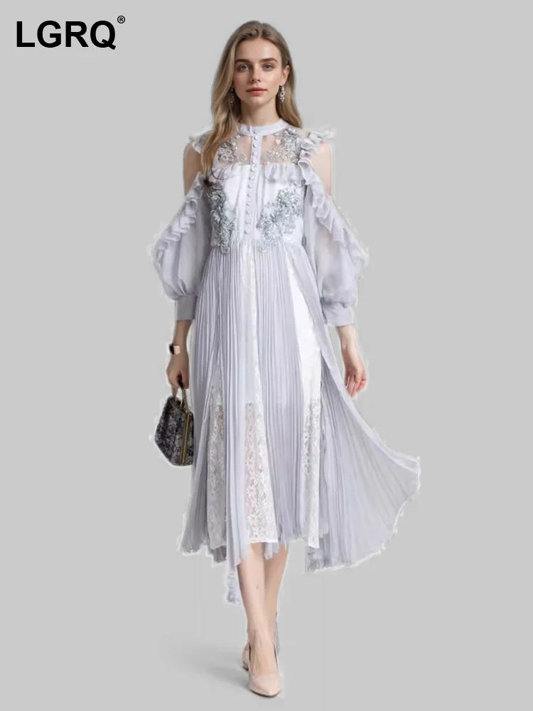 

LGRQ Women's Dress Evening Party Dress Fashion Lantern Sleeve Mesh Sequin Bead Patchwork Design Dresses 2024 Autumn New Clothing