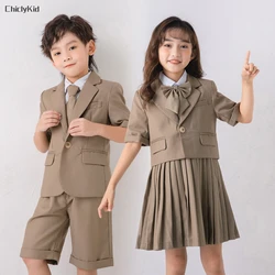 Child School Uniform Girls Korean Jacket Pleated Dress Summer Outfits Boys Blazer Formal Suits Shorts Kids Student Clothes Sets