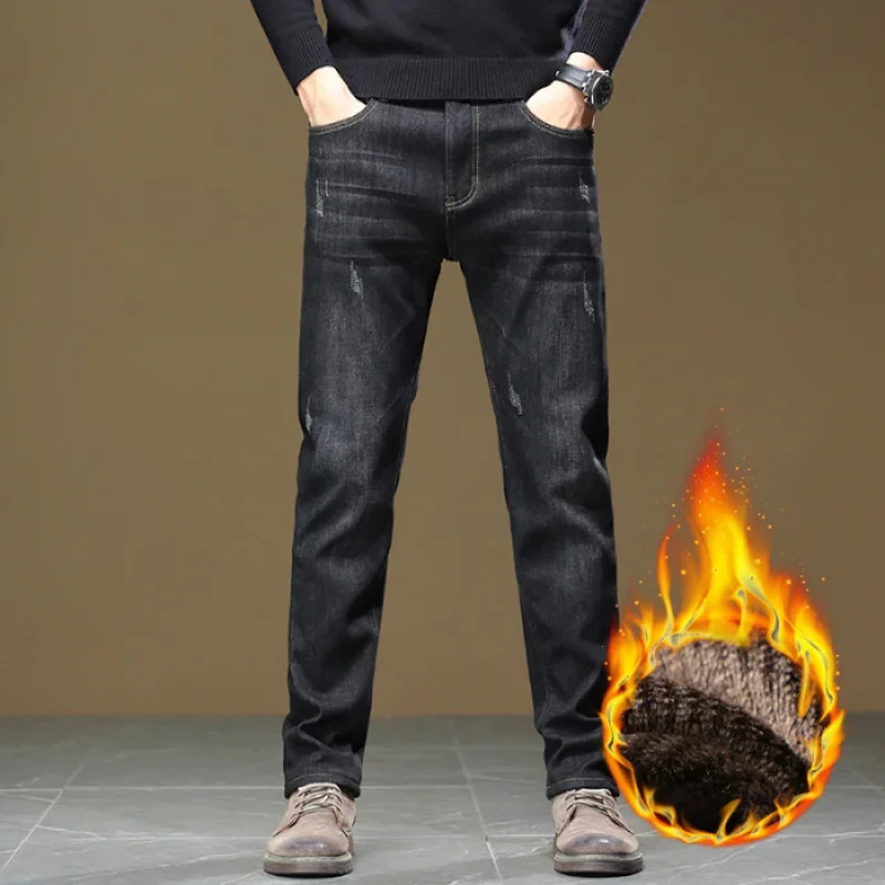 Padded and thickened men's loose straight jeans casual with high-waisted warm pants winter men