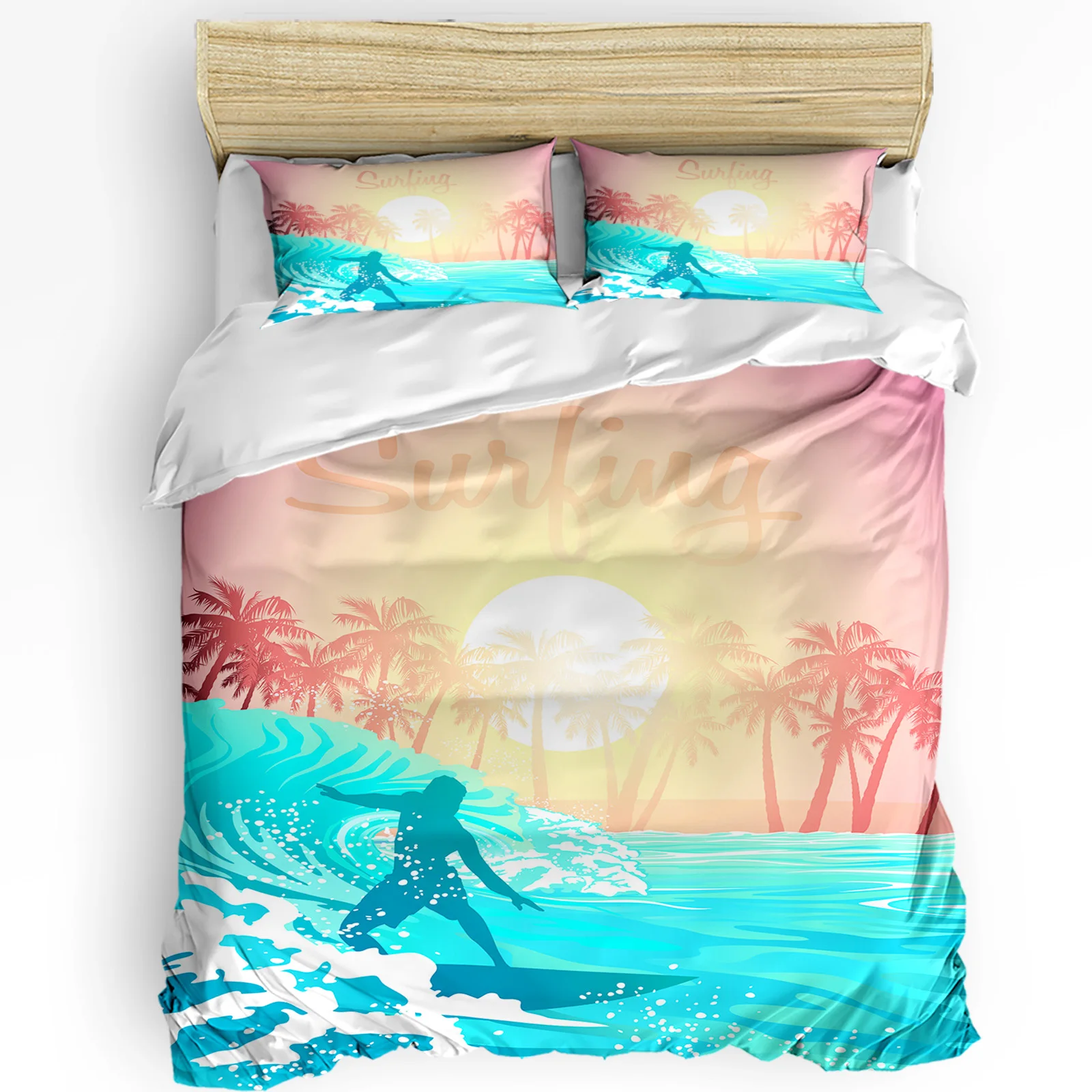 

Surfing Silhouettes Waves Sunset Coconut Trees Duvet Cover Bed Bedding Set Home Quilt Cover Pillowcases Bedding Set No Sheet