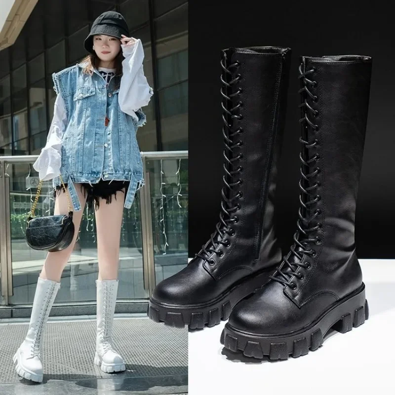 Women\'s Mid Calf Boots Padded Shoes Knee High Winter Sneakers Punk Style Military Casual White Black 2023 Lucury Platform Woman