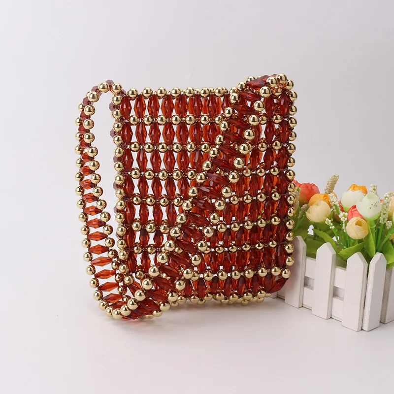 

New Ins High Quality Customized Beaded Woven Women's Shoulder Bag Fashionable Red Gold Spliced Handbags for Women Unique Design