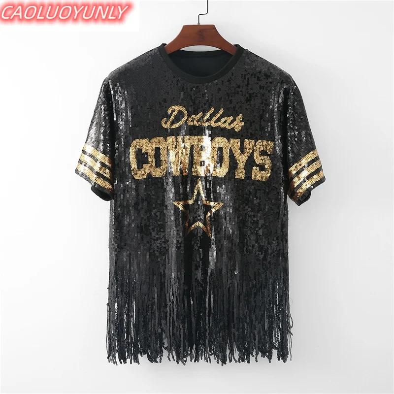 

Summer High Quality Streetwear Letter Sequins Tassel Stripe Geometric Short Sleeve T-Shirt Hip Hop Round Neck Women's Wears