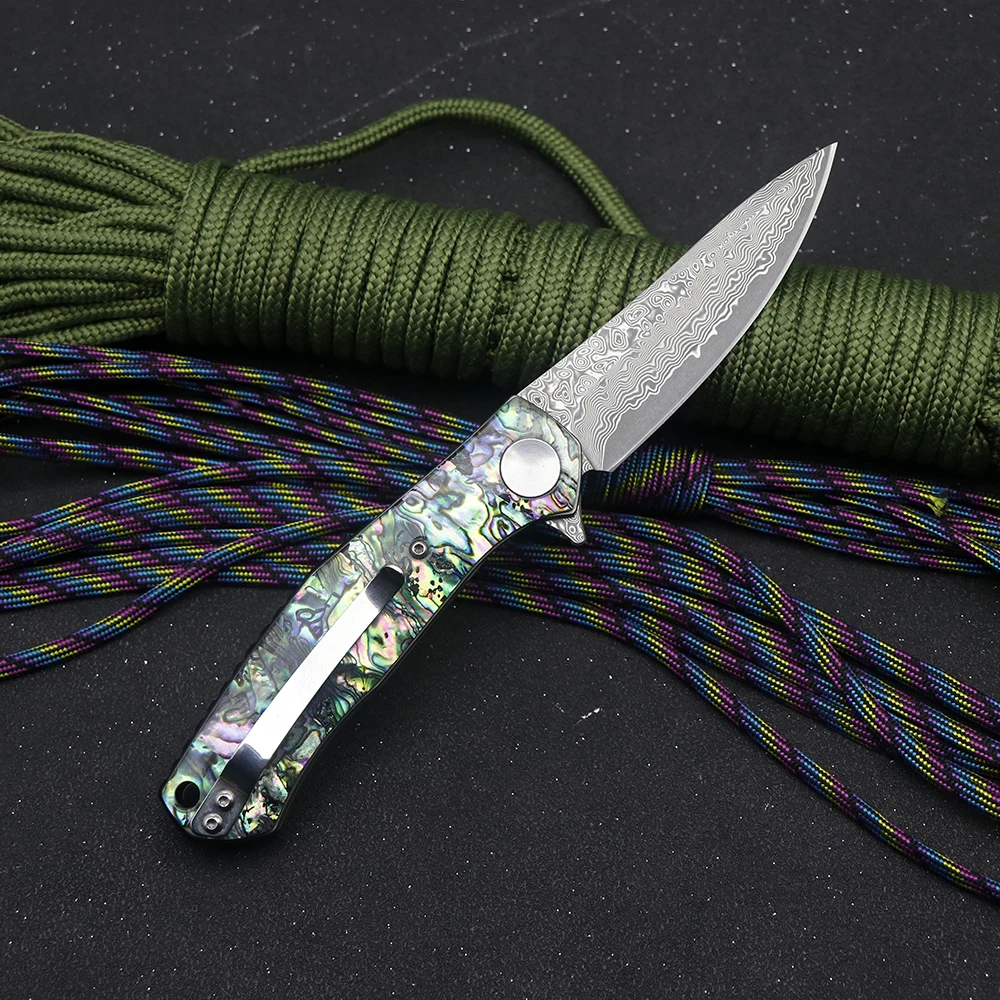 JUMCSONG 4020 Ball Bearing Folding Acrylic Handle High Hardness Damascus Camping Tactical Knife EDC Fruit Knife Outdoor Tool