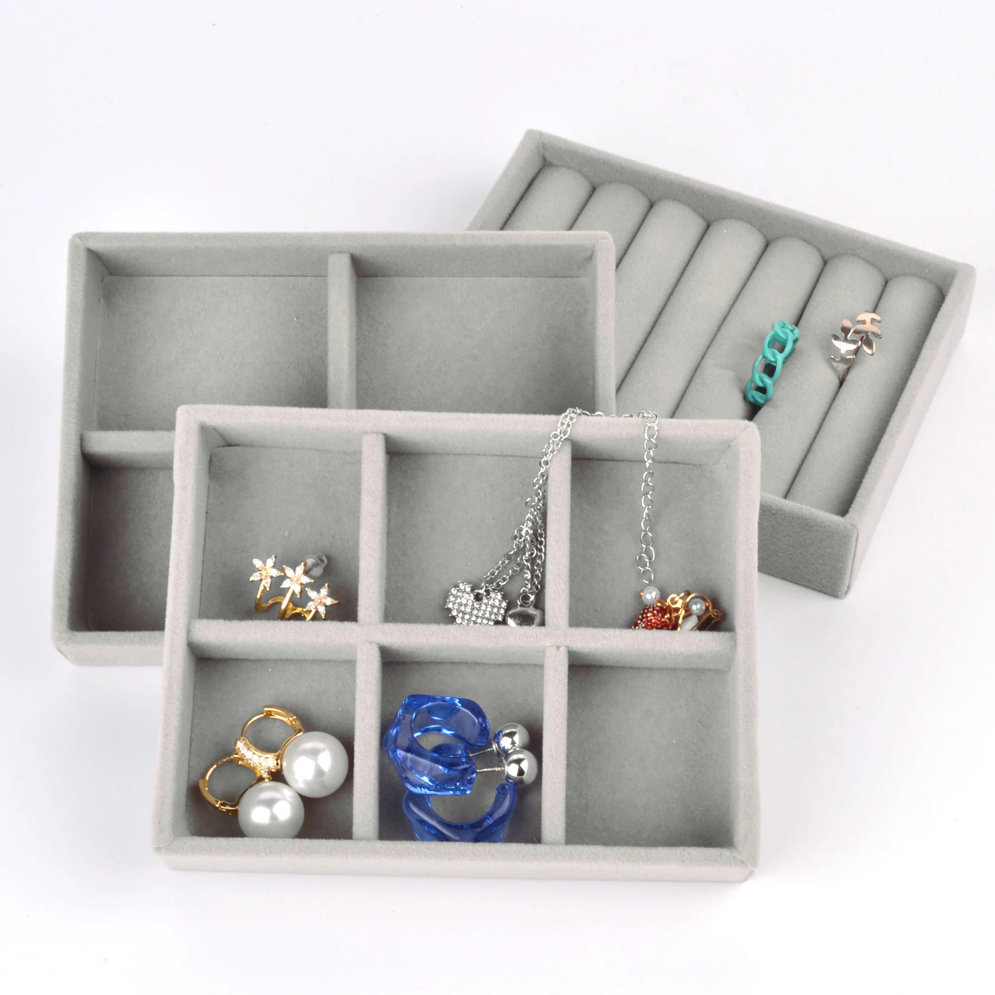 Flannelette Jewelry Box Stackable Exquisite Storage Organizer Gray Soft Velvet Jewellery Earring Necklace Pendant Bracelet Tray