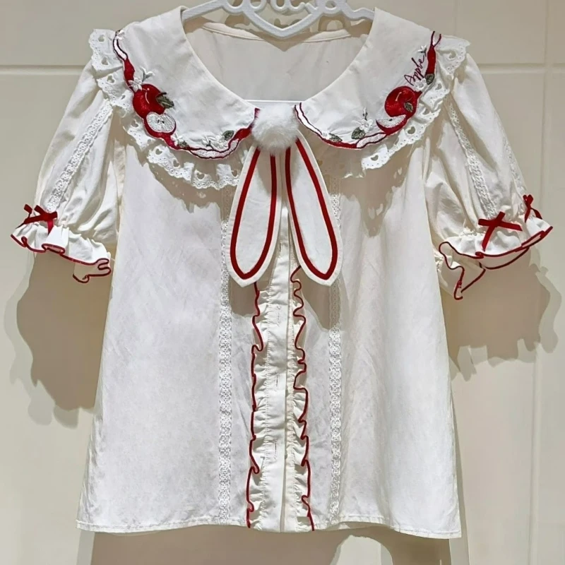 

Japanese Sweet White Lolita Blouses Women Kawaii Bow Puff Short Sleeve Casual Shirts Y2k Aesthetic Apple Embroidery Cotton Tops