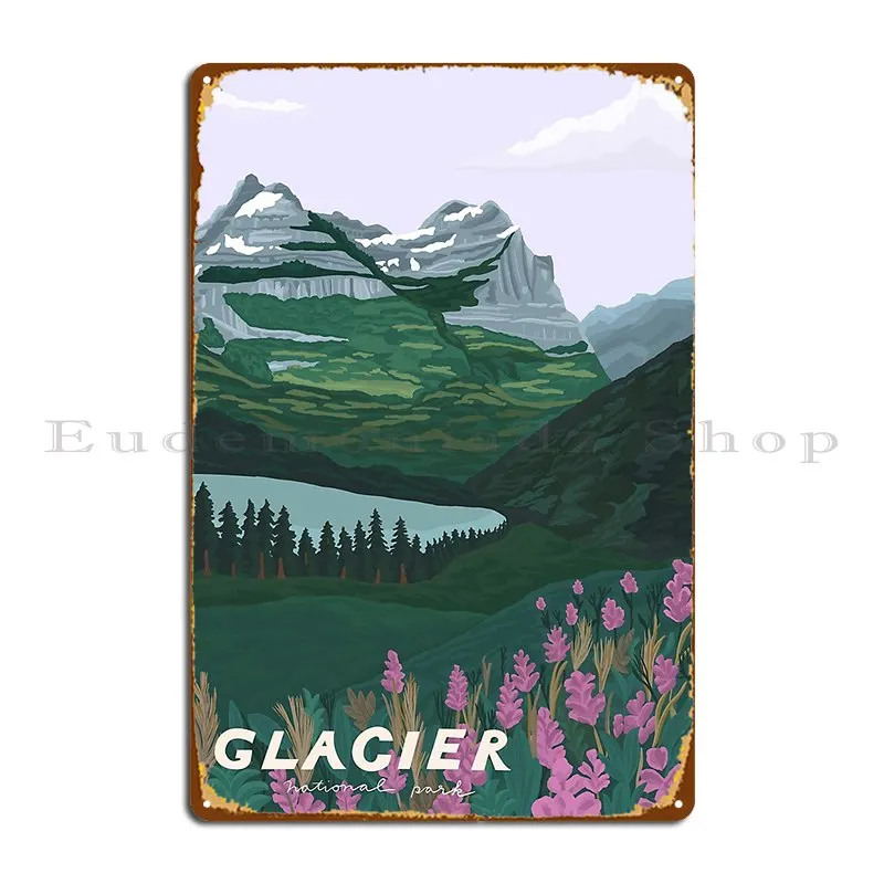 Glacier National Park Montana National Parks Illustration Vintage Style Metal Plaque Poster Living Room Create Tin Sign Poster