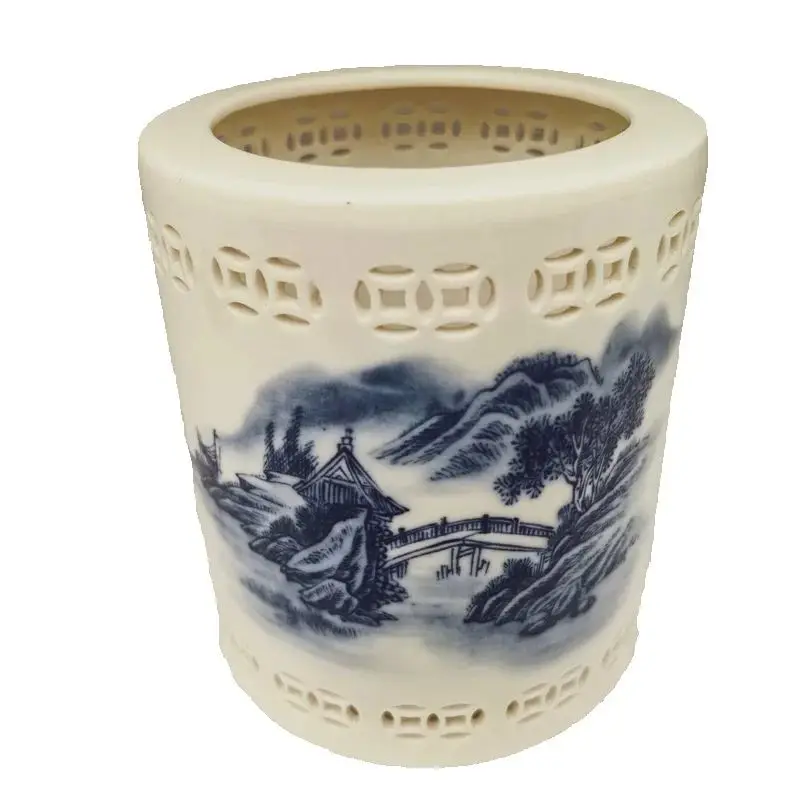 

China Old White Porcelain Penholder with Hollow out Blue White Landscape Pattern Traditional Oriental Desk Accessory