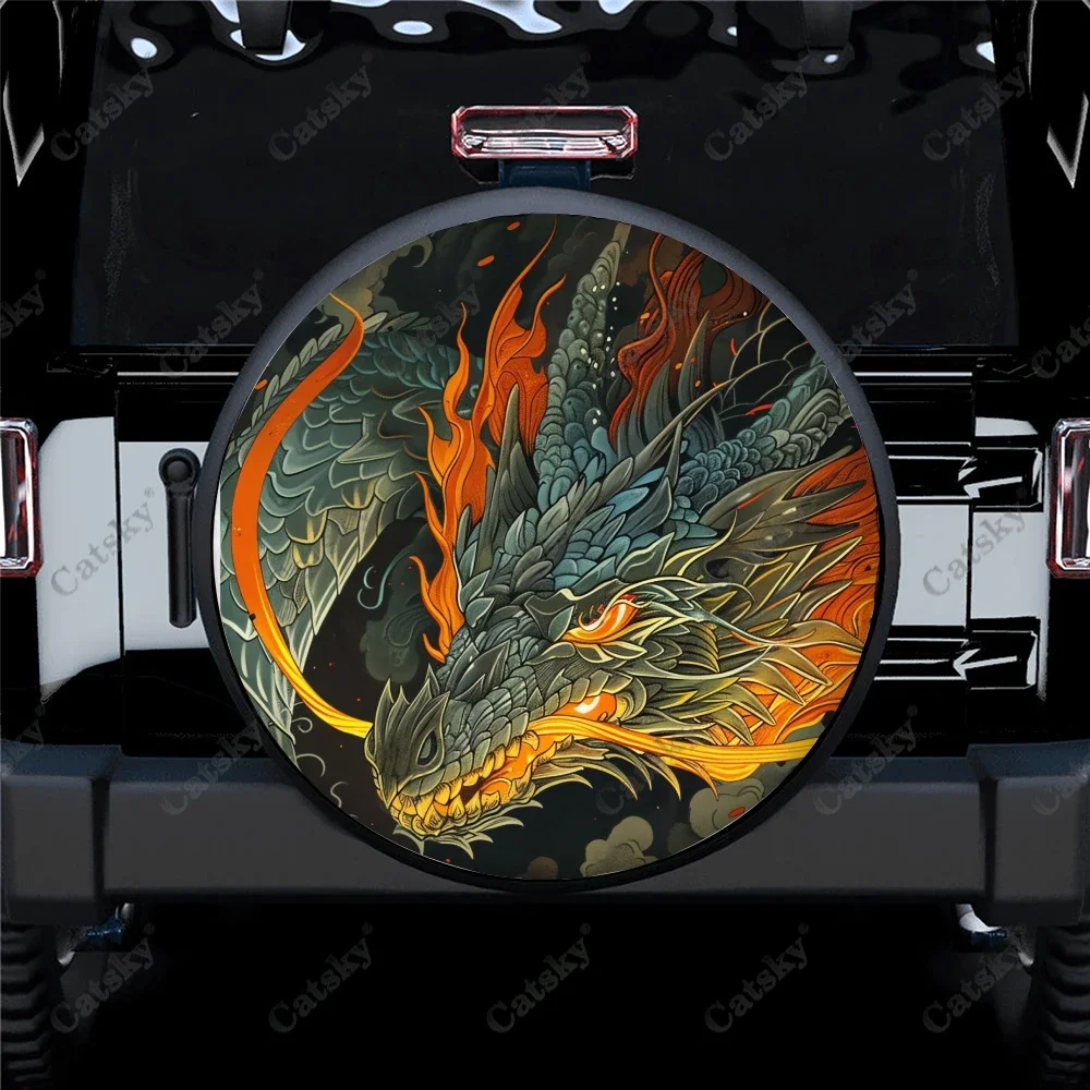 Fire Breathing Dragon Polyester Universal Spare Wheel Tire Cover Custom Tire-Covers for Trailer RV SUV Truck Camper