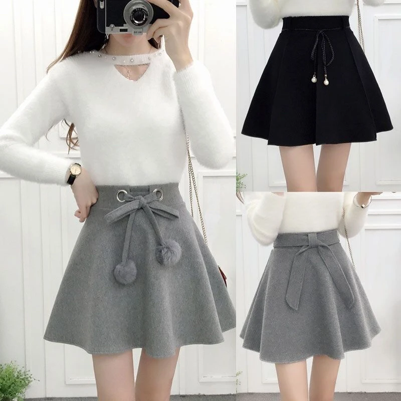 Autumn and Winter New Anti glare Thickened Wool Skirt High Waist Girls' Sewn Skirt Half length Skirt Large Women's A-line Short