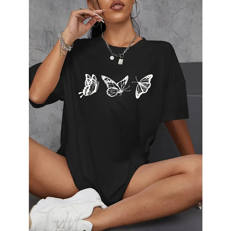 

Simple Butterfly Pattern 3D Printed Round Neck Short Sleeved Casual, Loose,comfortable, Breathable, Quick Drying Women's T-shirt