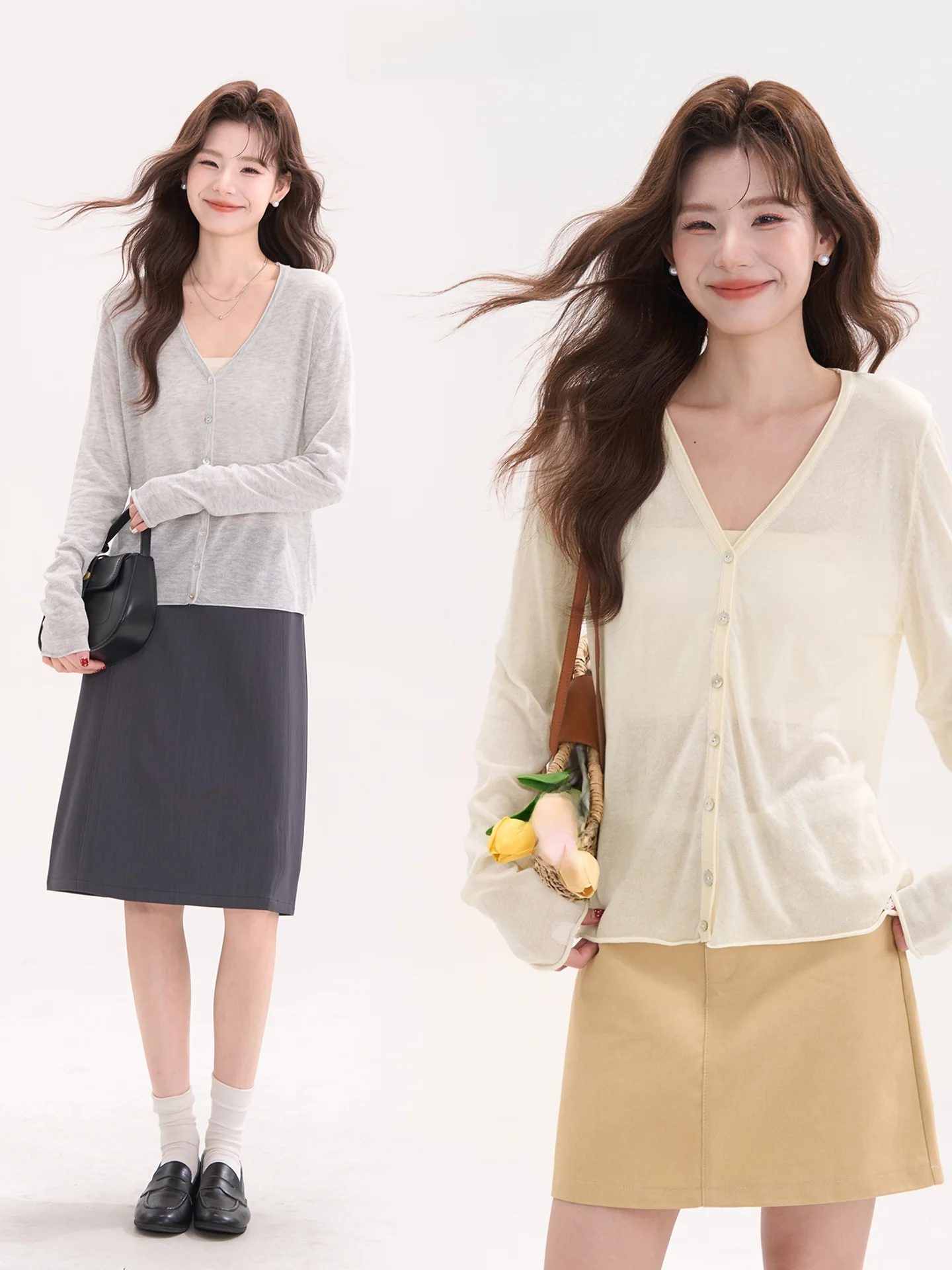 

Heme V-Ne Knitted Open Cardigan Thin Sun Protection Long Sve Top Pure Color Linen Fabric Soft Medium Gauge Knitwear