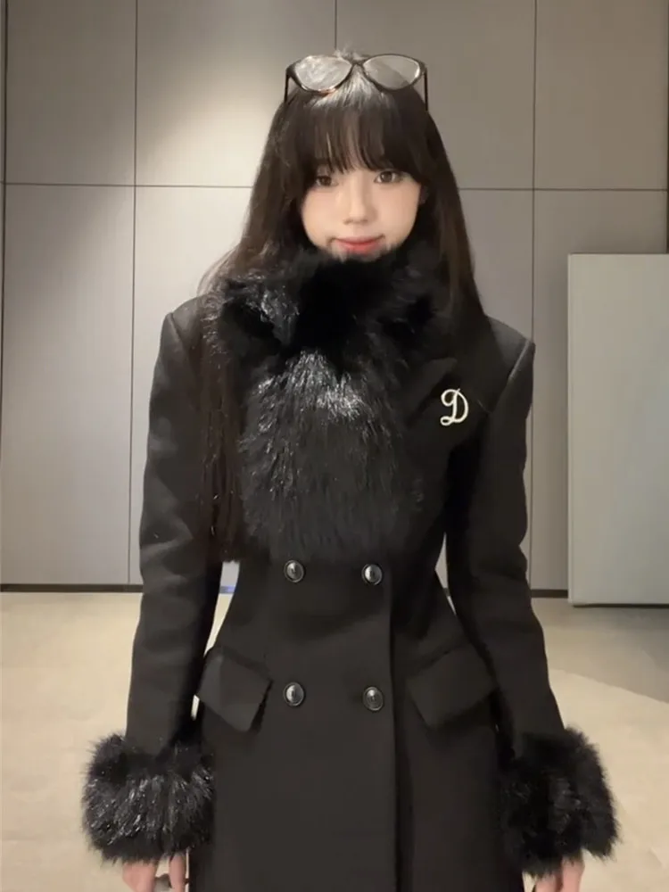 

Длинное шерстяное пальто Ele для женщин с меховым воротником, облегающая корейская зимняя верхняя одежда длиной до колена на одной пуговице