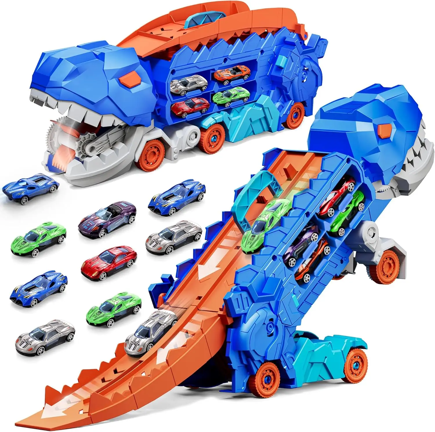 Dinosaur Transporter Truck Toys Foldable Track Alloy Transforming Dinosaur Transport with Alloy Car Toy Gift for Kids Toddle Boy