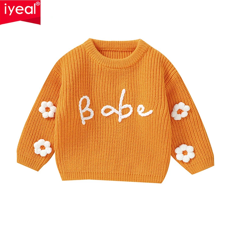 IYEAL  Autumn Winter New Baby Girls Handmade Embroidered Knitted Round Neck Top Girl Lovely Casual Knitted Sweater