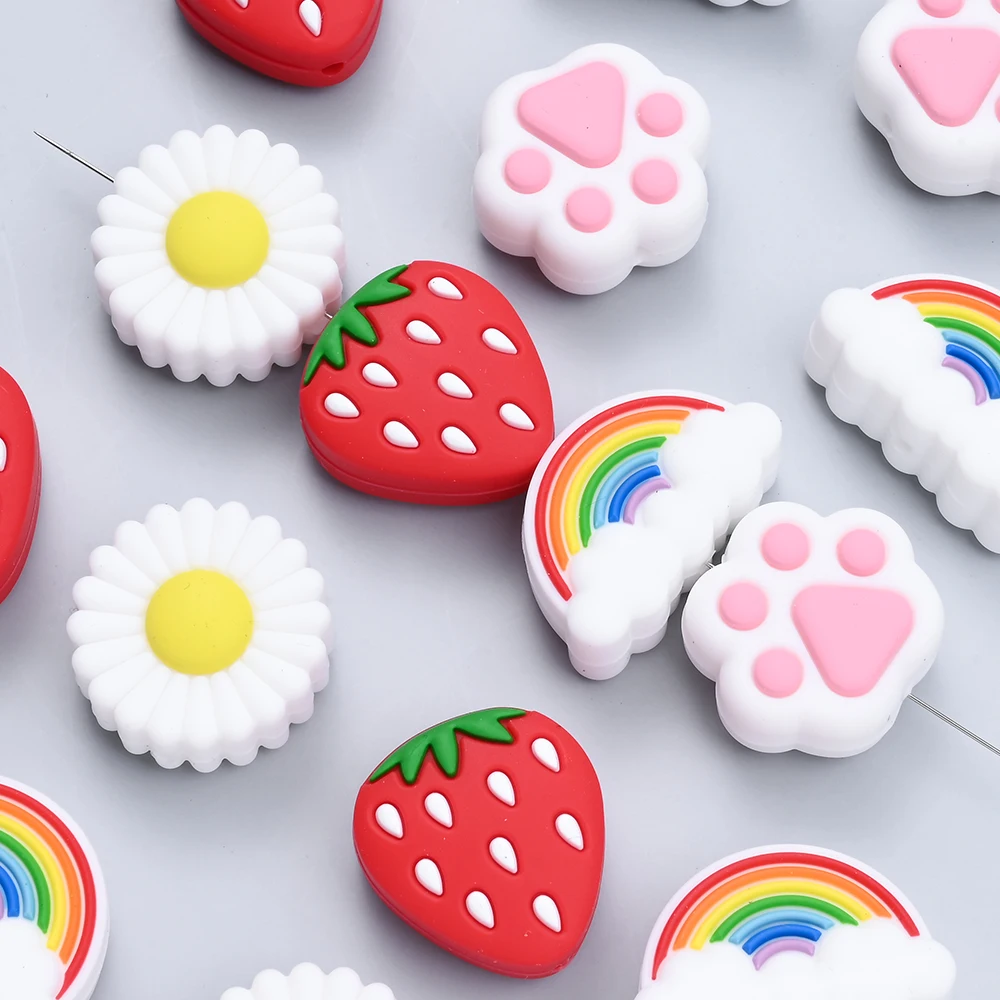 4 pezzi in silicone artiglio di gatto fragola arcobaleno crisantemo perline in silicone per bambini da masticare per accessori per massaggiagengive BPA gratuito