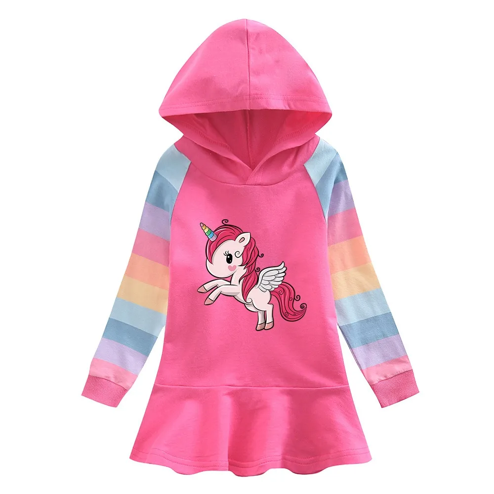 2025 New Unicorn Quality Cotton Girls Dress Rainbow Spring Clothing for Children Long Sleeve Kids Clothes Hooded Fashion 2-8T