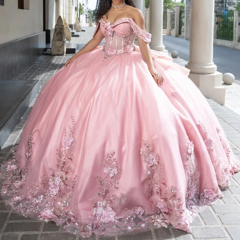 

Pink Shiny Quinceanera Dresses Ball Gown Off Shoulder Sequin Appliques Flower Beading Crystal Tull Sweet 16 Dress Vestidos 15 de