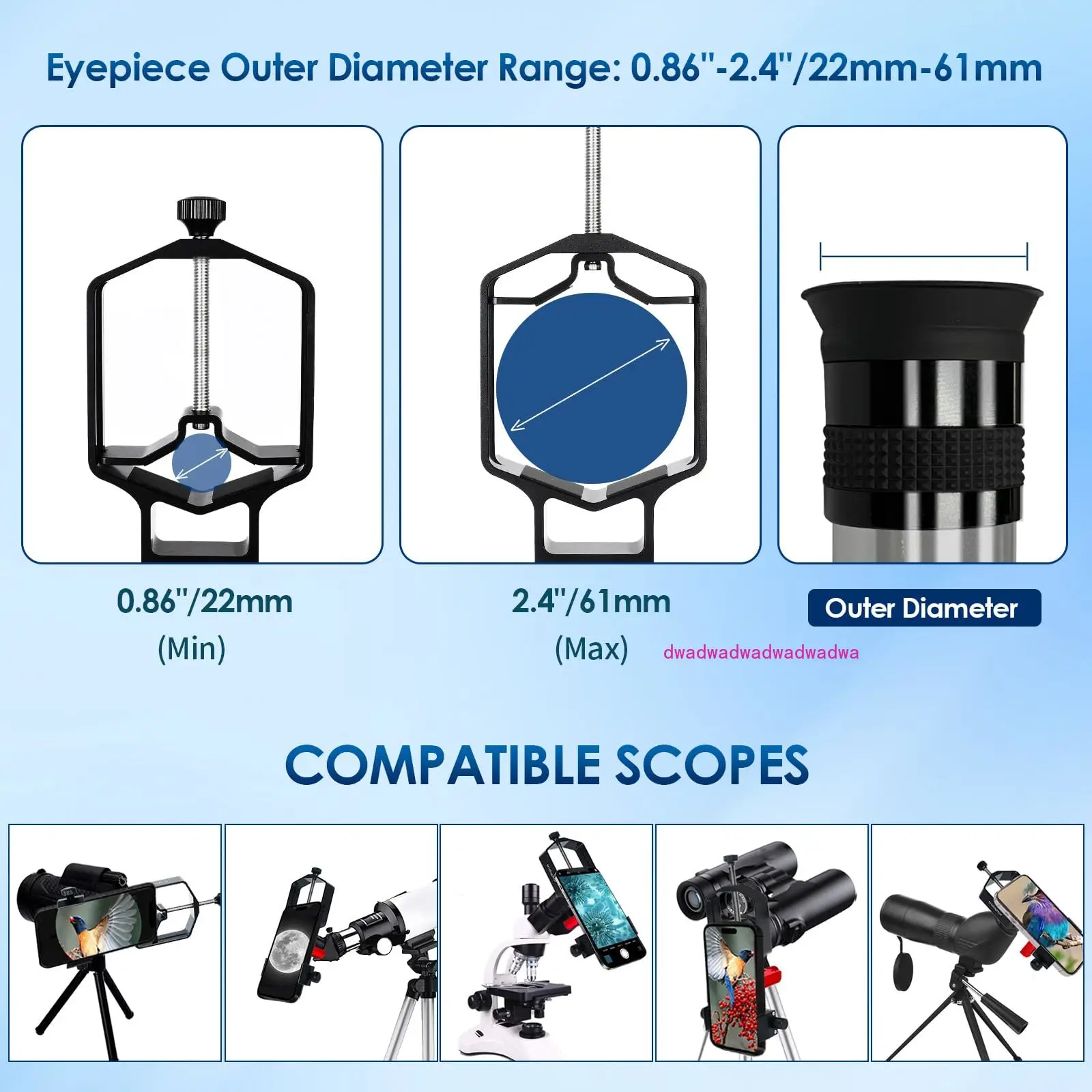 Universal Phone Scope Digiscoping Adapter 3-Axis Metal Phone Holder Mount for Max. 2.4 Inch Eyepiece Telescope for iOS Android