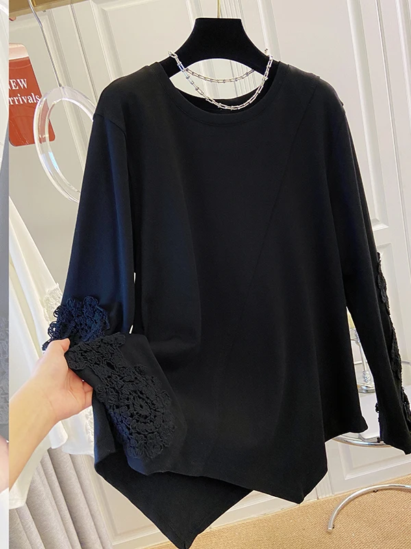 블라 레이스 홀로우 아웃 훅 플라워 롱 슬리브 티셔츠 여성용 봄 여름 플러스 사이즈 비대칭 패셔너블 탑 프렌치 스타일