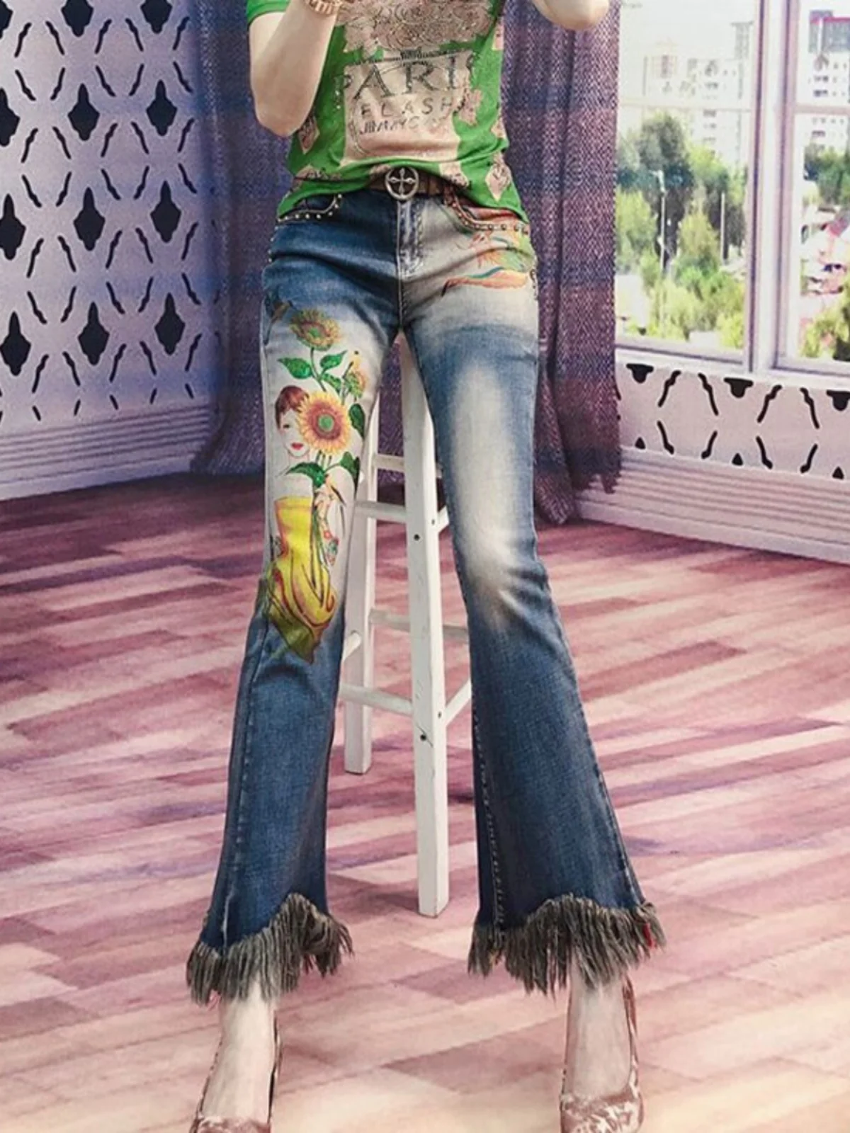 

New 2026 Women's Faionable Diamond Print Beautiful Lady Waed Denim High Waist Elastic Frayed Micro Flared Pants Cotton St...