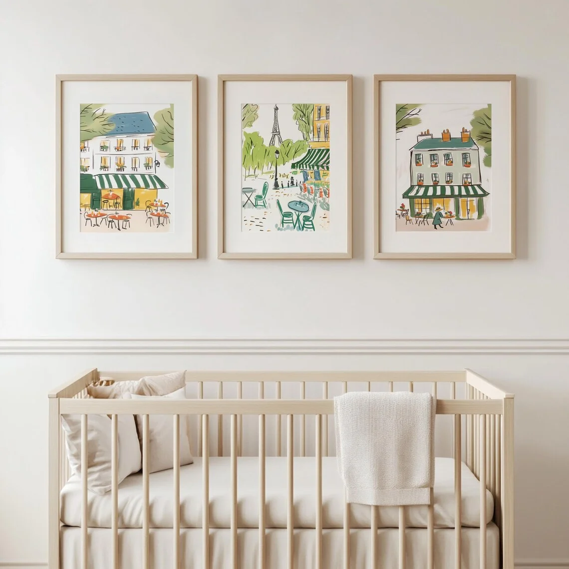 Bemelmans Paris Cafe Inspired Digital Print, Grandmillenial Paris Wall Art, Wall Art Set of 3, Neutral Nursery Paris Wallpaper A