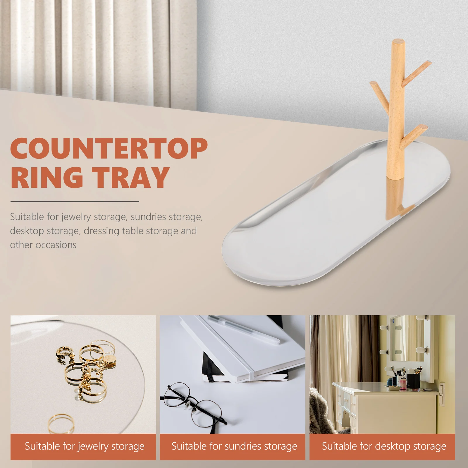 

Stainless Steel Wood Jewelry Tray Decorative Ring Holder Multi-Function Household Wear-Resistant Desktop Dresser Countertop