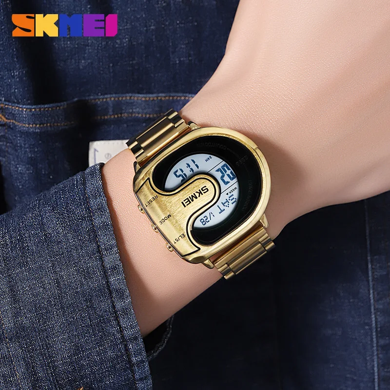 ساعة SkmeiNew للرجال، ساعة إلكترونية عصرية على شكل خاص، متعددة الوظائف، مضيئة مقاومة للماء
