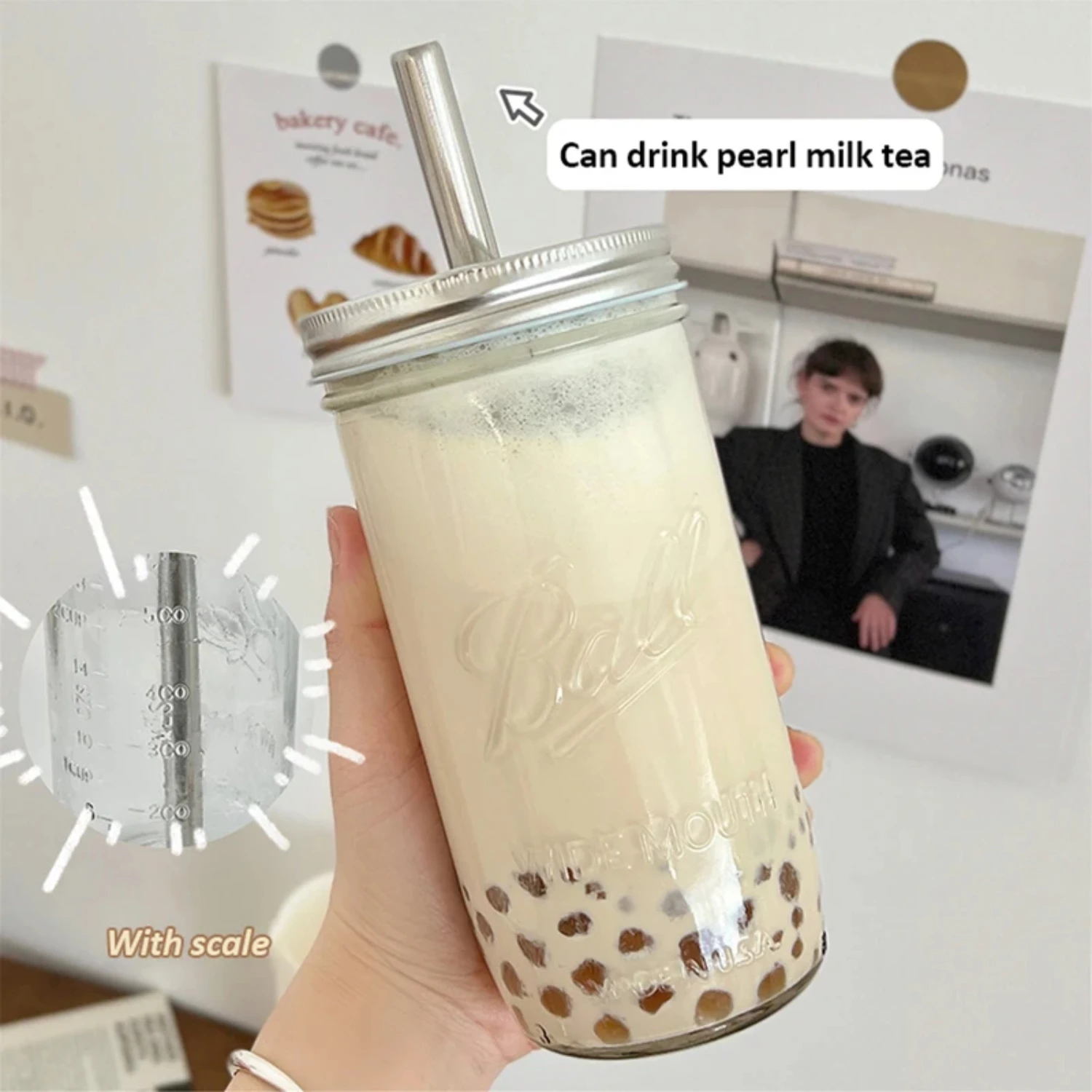 

Ins Boba Milk Tea Glass Water Cup With Straw Lid Large Capacity Clear Heat Resistance Glass Coffee Bubble Juice Cold Drink Cups