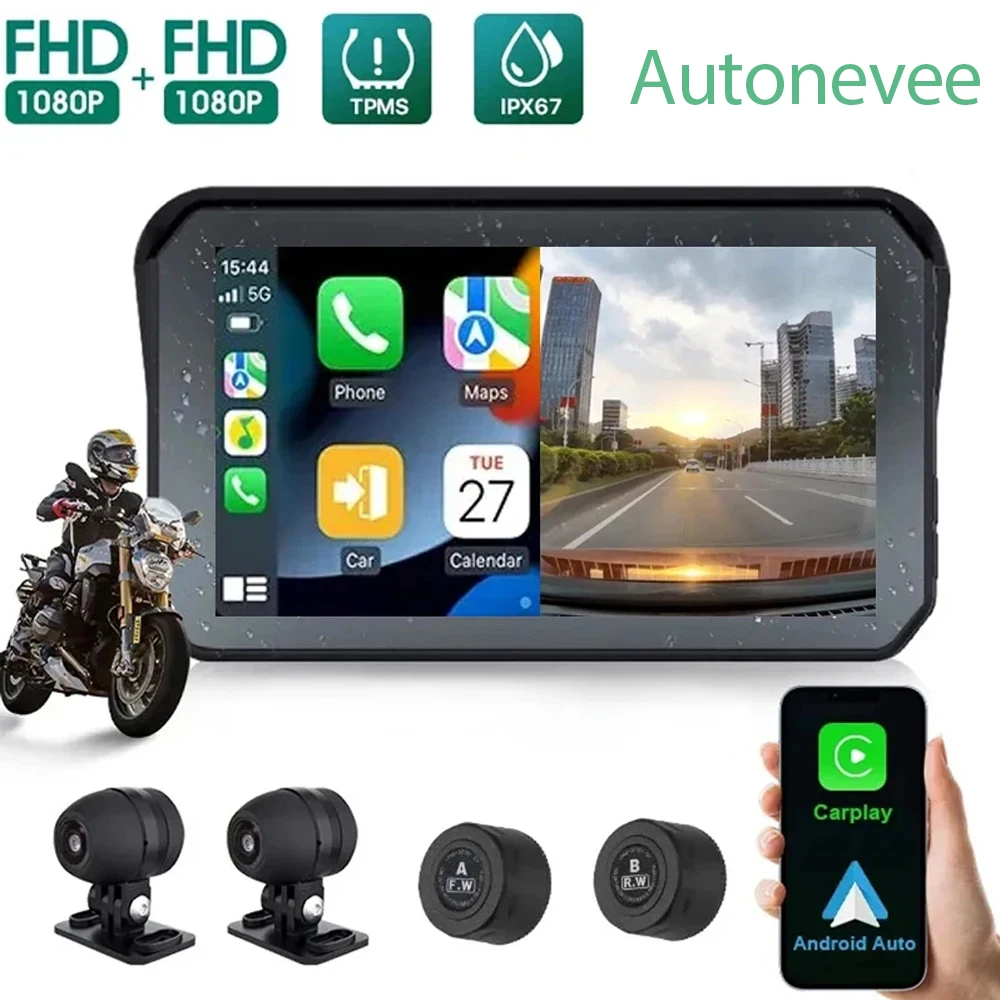 Autonevee Motorcycle Carplay WaterProof 5 inch WiFi Wireless Android-Auto DVR Monitor Dash Camera GPS Navigation TPMS Bluetooth