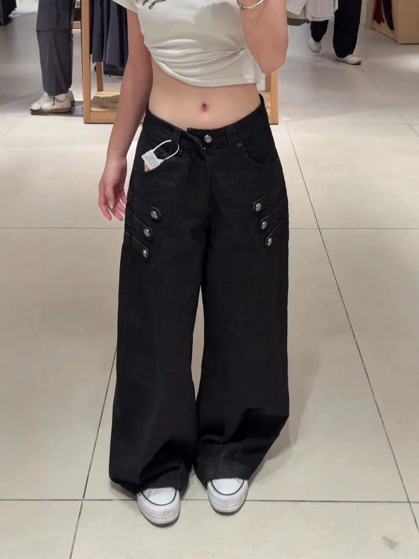 Loose Wide Leg Casual Lazy Long Pants American Retro Court Style Knife  Button Denim Jeans High Waist Zipper Closure Pure...