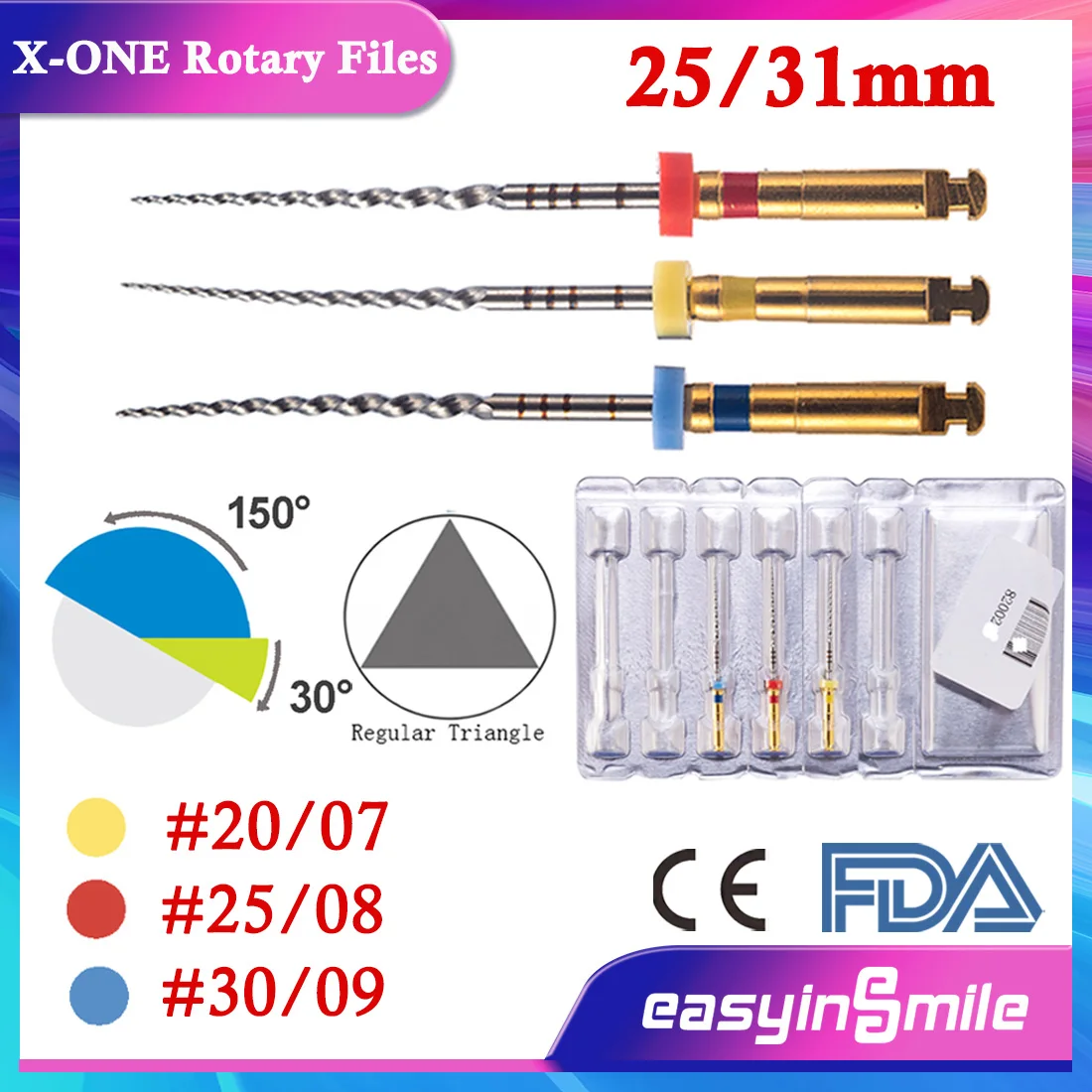 3Pcs Dental Endodontic X-ONE NITI Reciprocating Root Canal Rotary Files Endo Files 25/31MM Universal EASYINSMILE