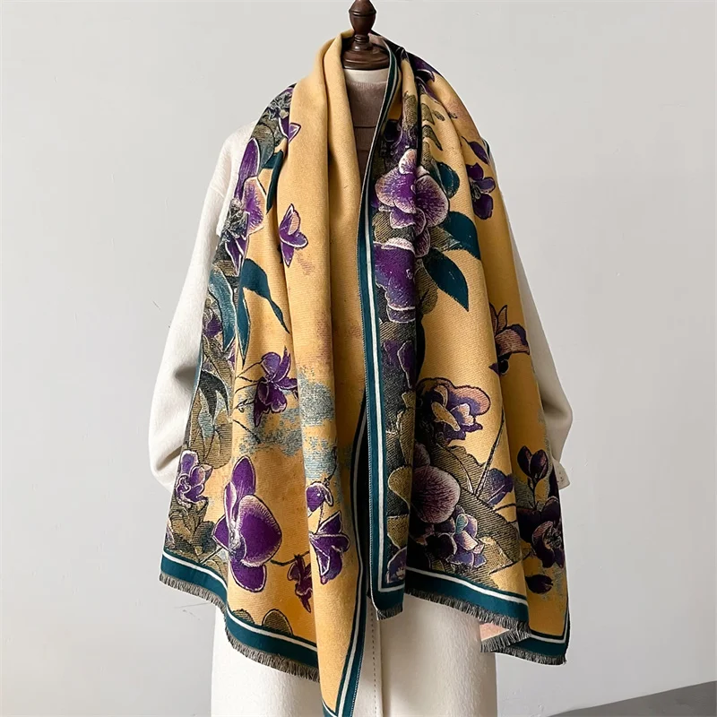 Luxury Warm Poncho Cashmere Winter Women Scarf Floral Print Shawl Wraps Female Thick Pashmina Blanket Bufanda Travel Echarpe