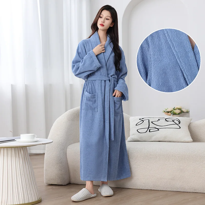 

100% Cotton Terry Long Robe Lovers Soft Bath Robe Women Nightrobe Sleepwear Casual Home Bathrobe