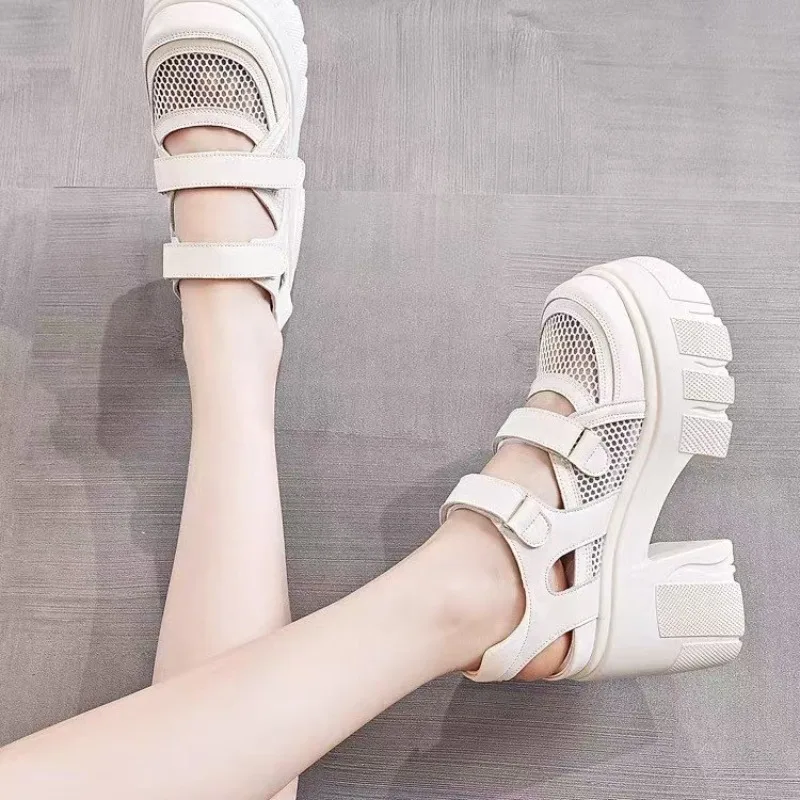 Punk Ladies Chunky High Heel Sandals Mesh Breathable Hollow Design Hook‑Loop Closure Square Toe Platform Gothic Footwear