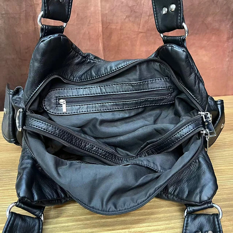 Bolsa tote coreana com vários bolsos, bolsa de ombro crossbody feminina estilo motociclista y2k, bolsa japonesa lavada de baddie, preta