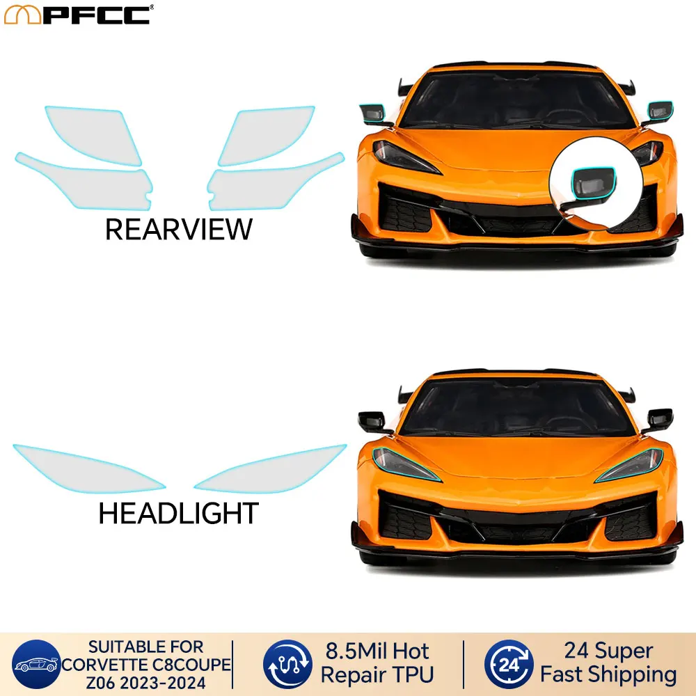 

For Corvette C8 Coupe Z06 2023-2024 Car Paint Protection Film Car Transparent Headlight Rearview Mirror Film TPU PPF Clear Stick