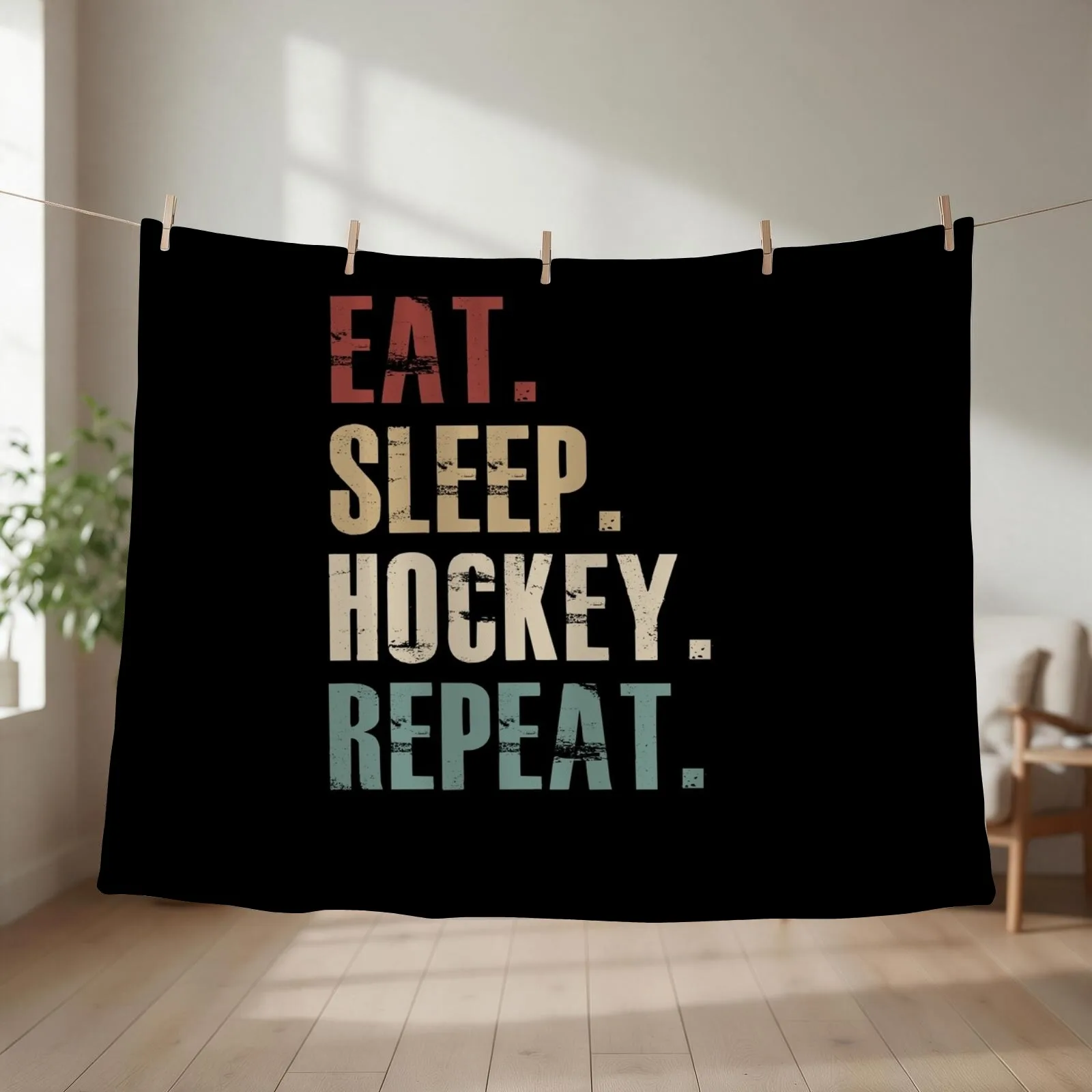 Eat Sleep Hockey Repeat Throw Blanket blankets ands funny gift wednesday Single Blankets
