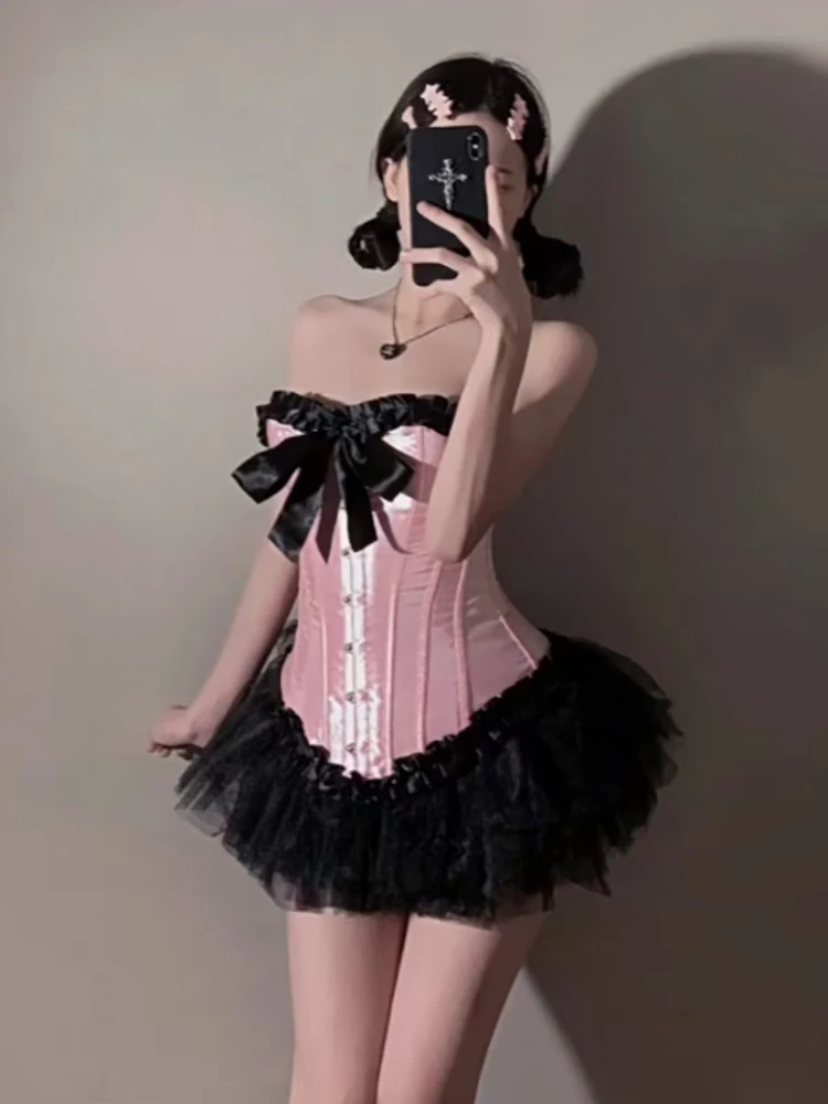 Barbie Powder Sexy and Cute Court Corset Top Black Ruffle Lace Design Big Bow Fishbone Corsets for Women Gothic Clothes