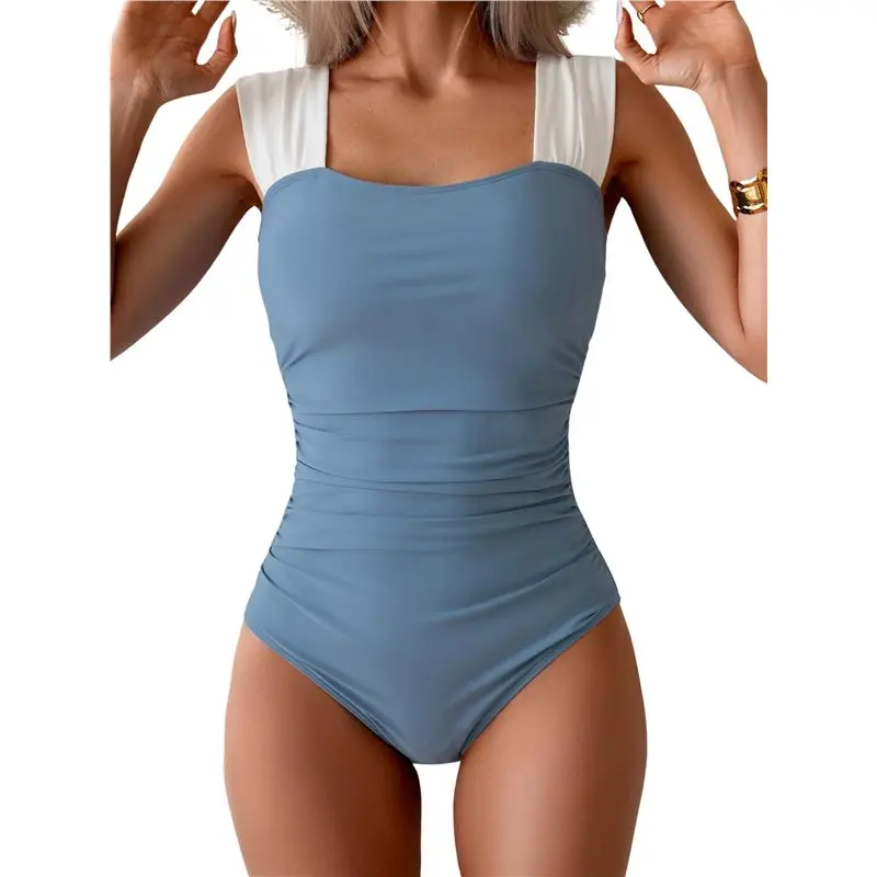 Women's Color Block Square Neck Ruched Tied Back Full Coverage One-Piece Swimsuit Gray-Blue S