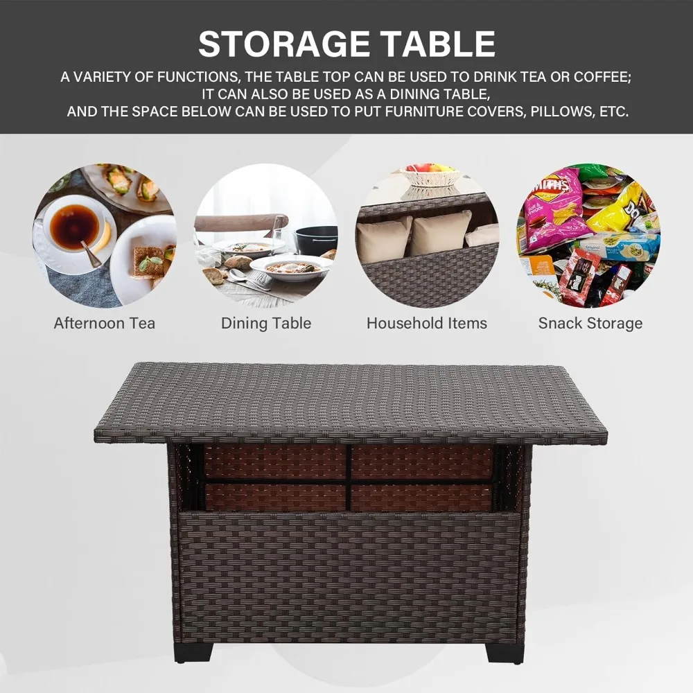 Outdoor PE Wicker Coffee Table - Patio Rattan Garden Furniture Multi-Functional Storage Tea Dining Table, Dark Brown