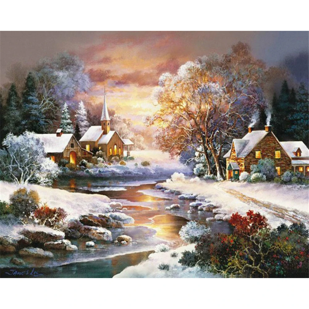 Landscape Winter Printed Fabric 11CT Cross Stitch DIY Embroidery Full Kit DMC Threads Handiwork Hobby Needlework    Design