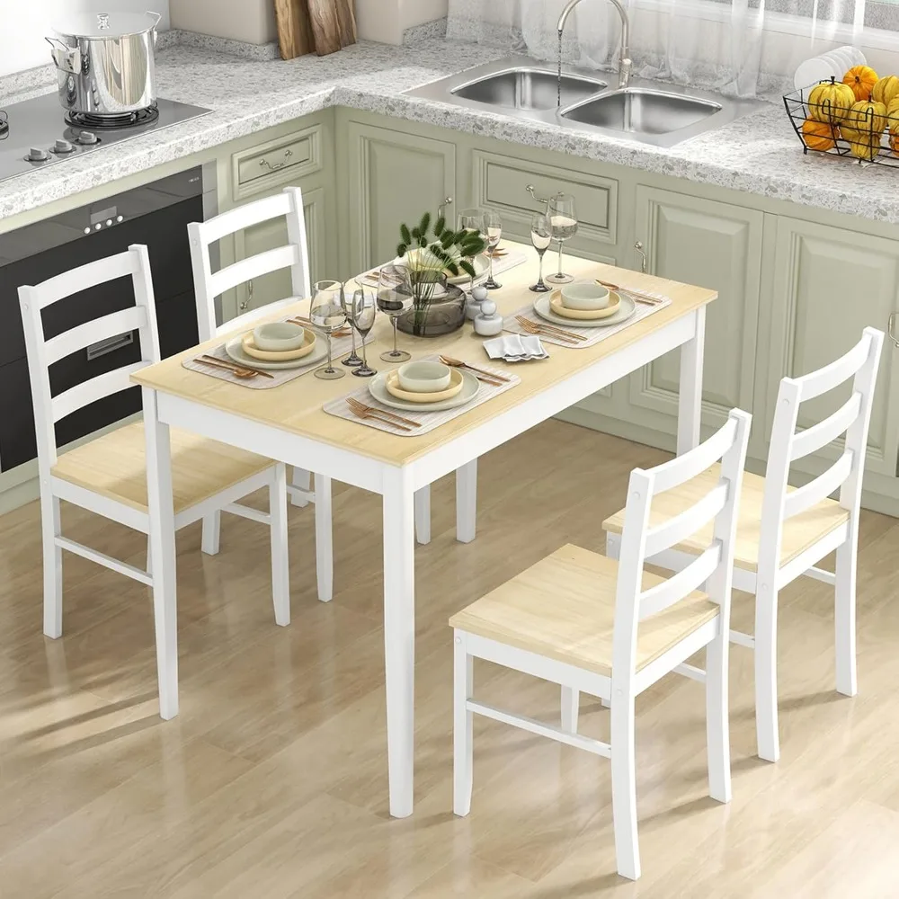 Dining Table Set 4, Solid ,Farmhouse Dinette Set w/Rubber Legs,Dining Table and Chairs Set Kitchen, Dining Room (Natural+White)