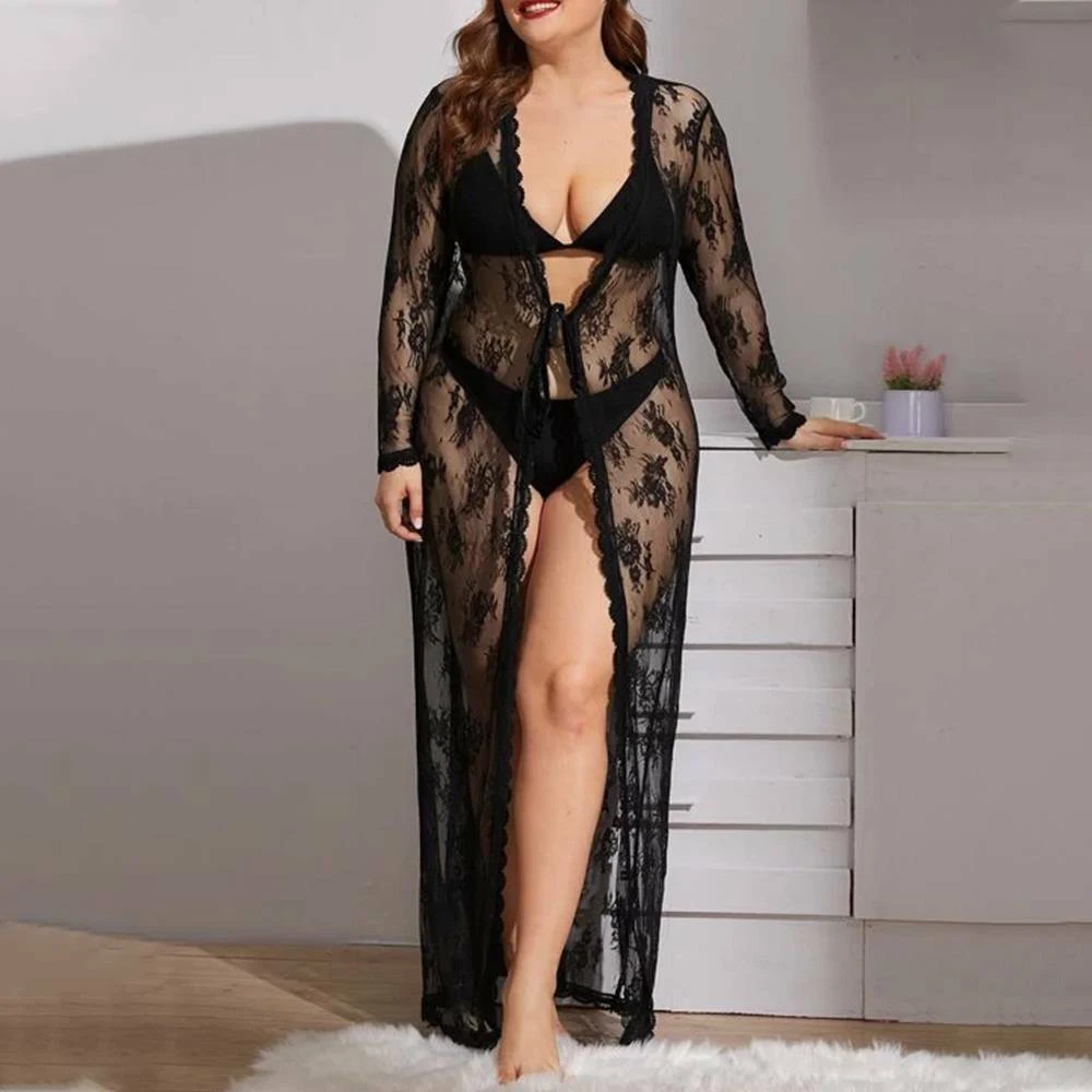 Sexy Pajamas Black Lace Cover Up Women Mesh See Through Night-robe Female Plus Size Long-Sleeve Nightdress Sleepwear 5XL