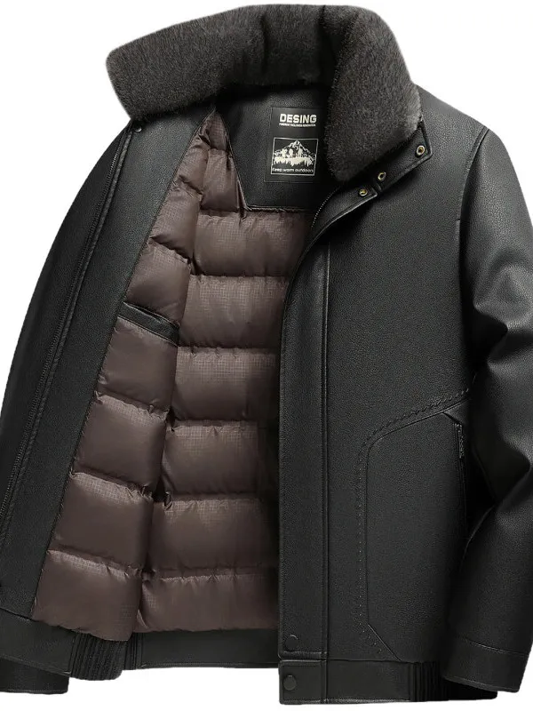 

Утепленная мужская повседневная зимняя куртка из кожи с пуховым наполнителем для мужчин среднего возраста, очень теплая и морозостойкая