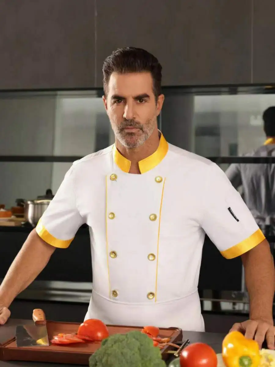 

Comfortable Thin Cotton Polyester ort Sve Summer Work orm for Kitchen Manager Golden Collar Chef's Clothing Menswear