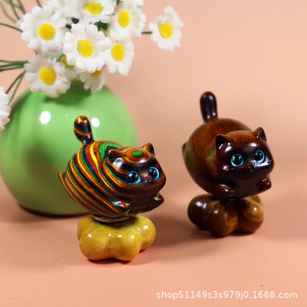 Rainbow Cat Wood Carved Figurine Cute Creative Kitten Ornament Home Desktop Decor Wenwan Hand Piece Craft Gift