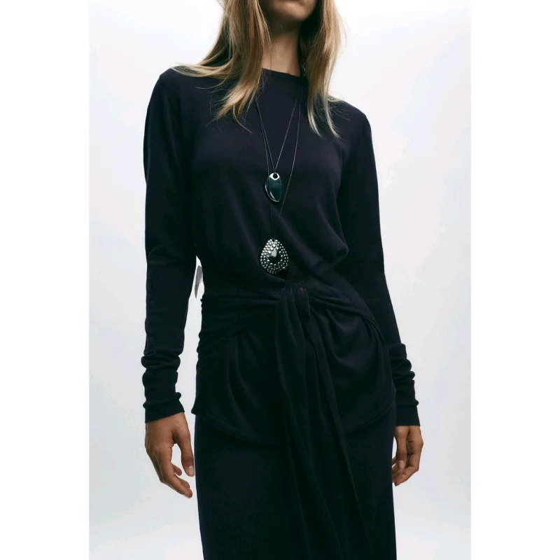 Nova Chegada de Outono: Blusa Fena de Malha Slim Fit com Gola Redonda, Manga Longa e Laço Decorativo – Estilo Britânico M...