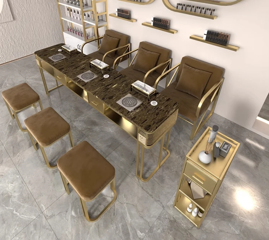 High Quality Brown Marble Manicure Table Chair Set Luxury Modern Double Three Seater Nail Table for Sale