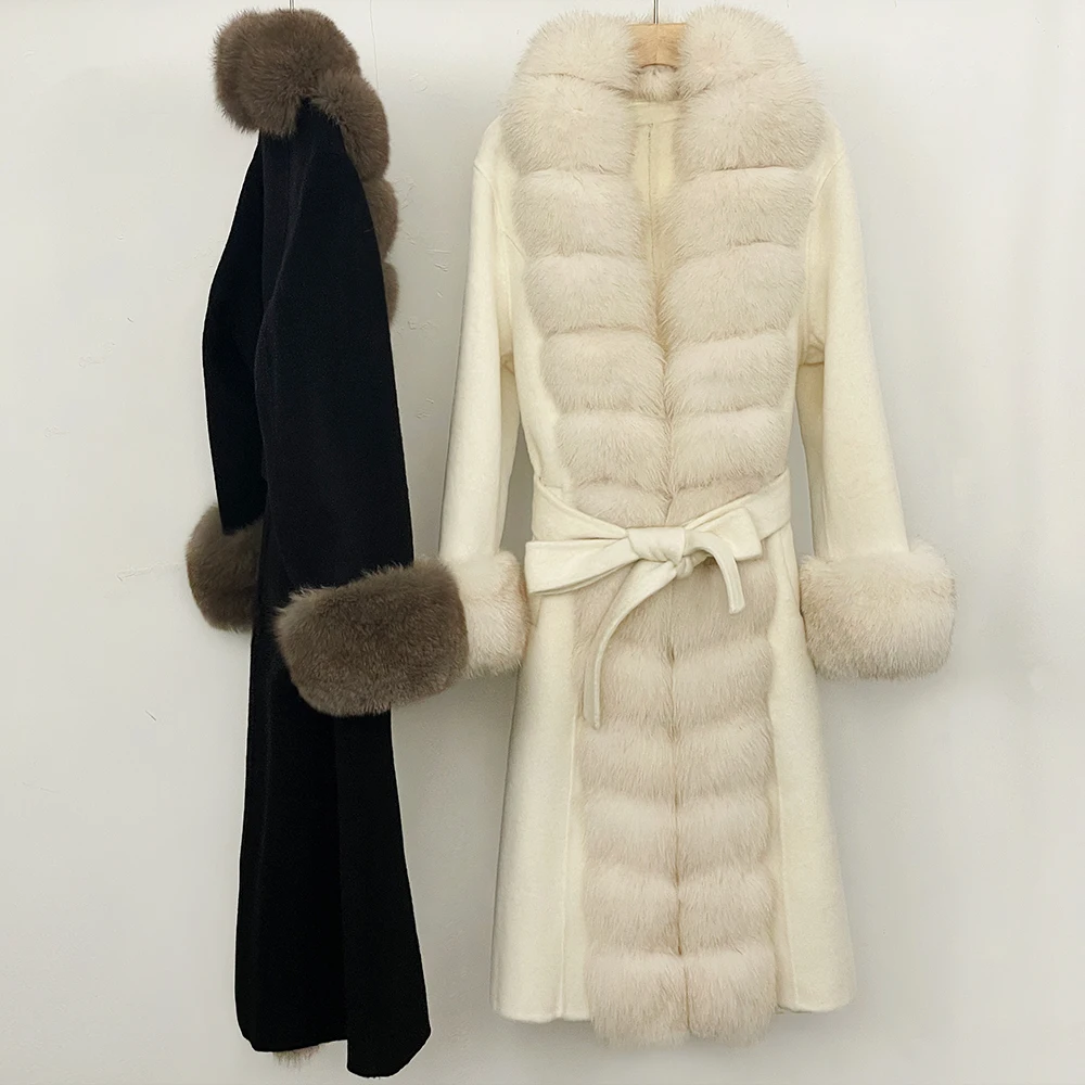 Women's Real Fur Coat Elegant Soft New Arrival Long Wool Coat Double Faced Wool Belt Quiet Luxury Autumn Everyday Fashion Style